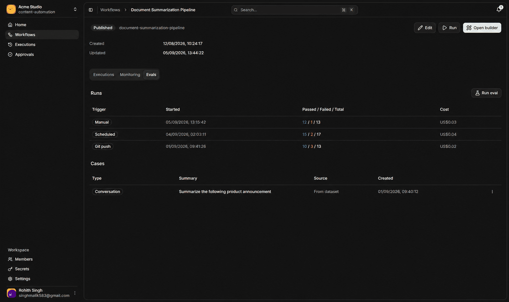 Linea evals for a published workflow